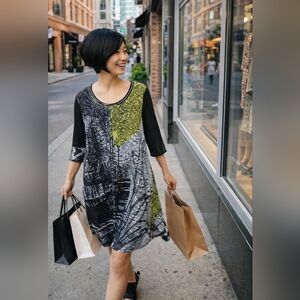 Lior Luxe Paris Abstract Black Green Tunic Dress Size XL Wearable Art Whimsygoth